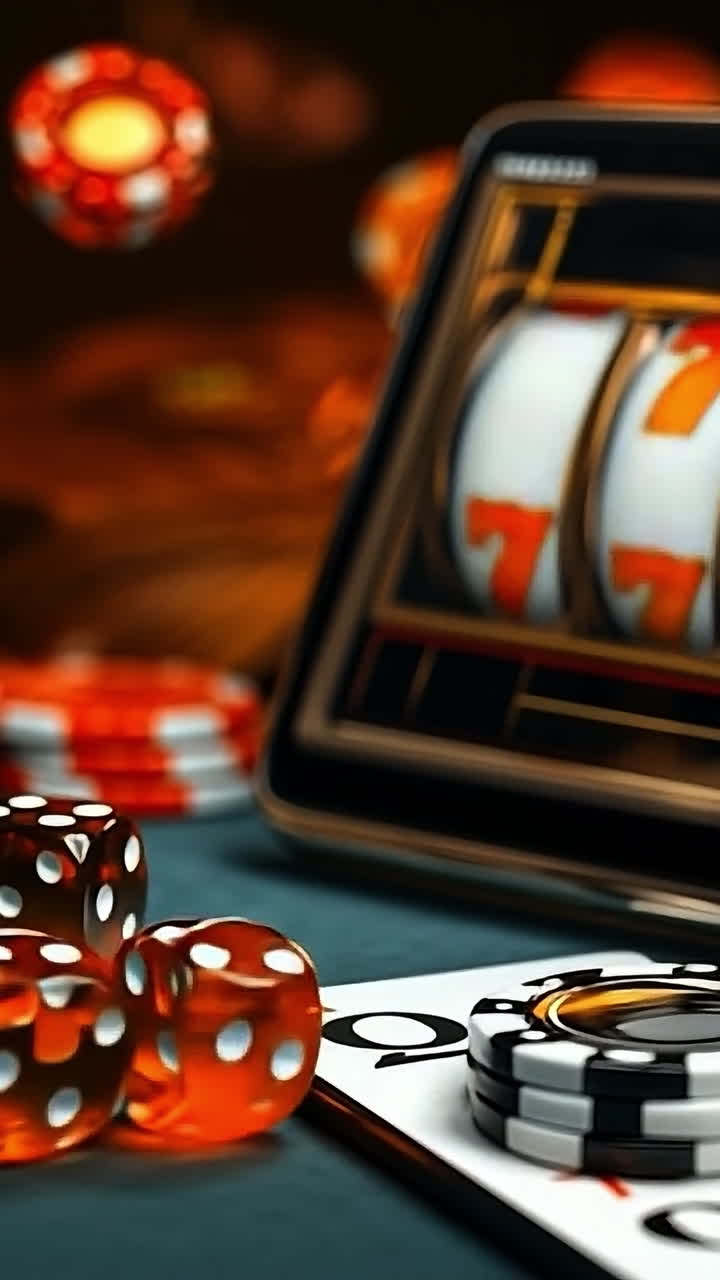 Slots and chips at a casino table. Colorful poker chips and dice surround a slot machine, creating a lively gambling atmosphere in a casino.