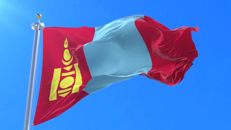 flag of mongolia waving at wind with blue sky in slow, loop