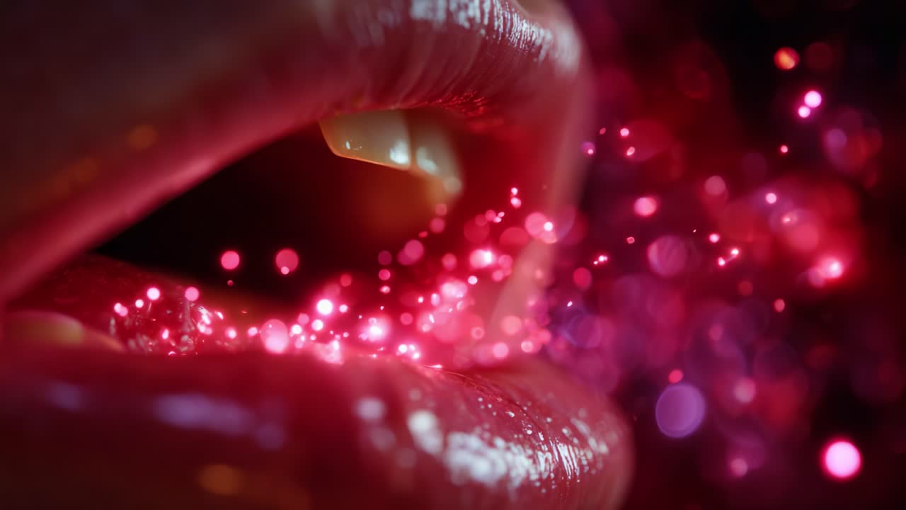 Accattivante primo piano di labbra voluttuose che emanano magici scintillii e colori vibranti in una straordinaria celebrazione visiva di bellezza e fantasia