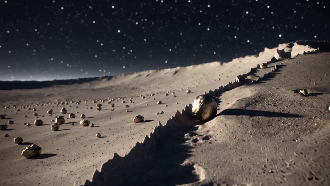 Rolling shiny sphere following trench on crater plain under gravity toward camera