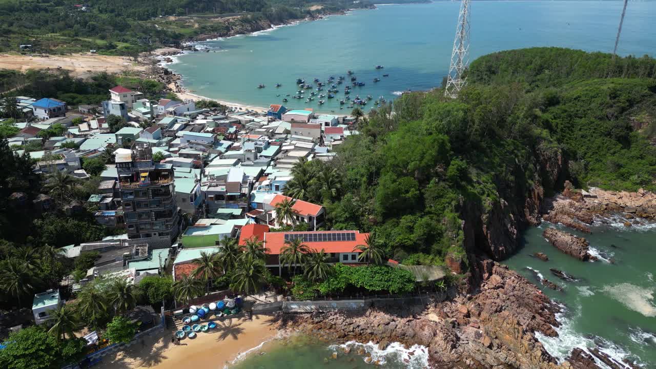 Drone flight over over Bai Xep fishing village near Quy Nhon in Vietnam
