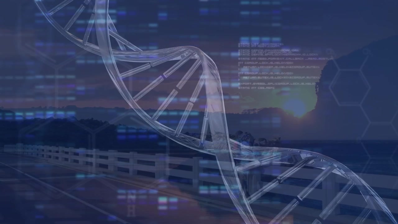 Animation of data processing and dna over sunset