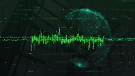 Animation-of-data-processing-over-green-globe-and-modern-building