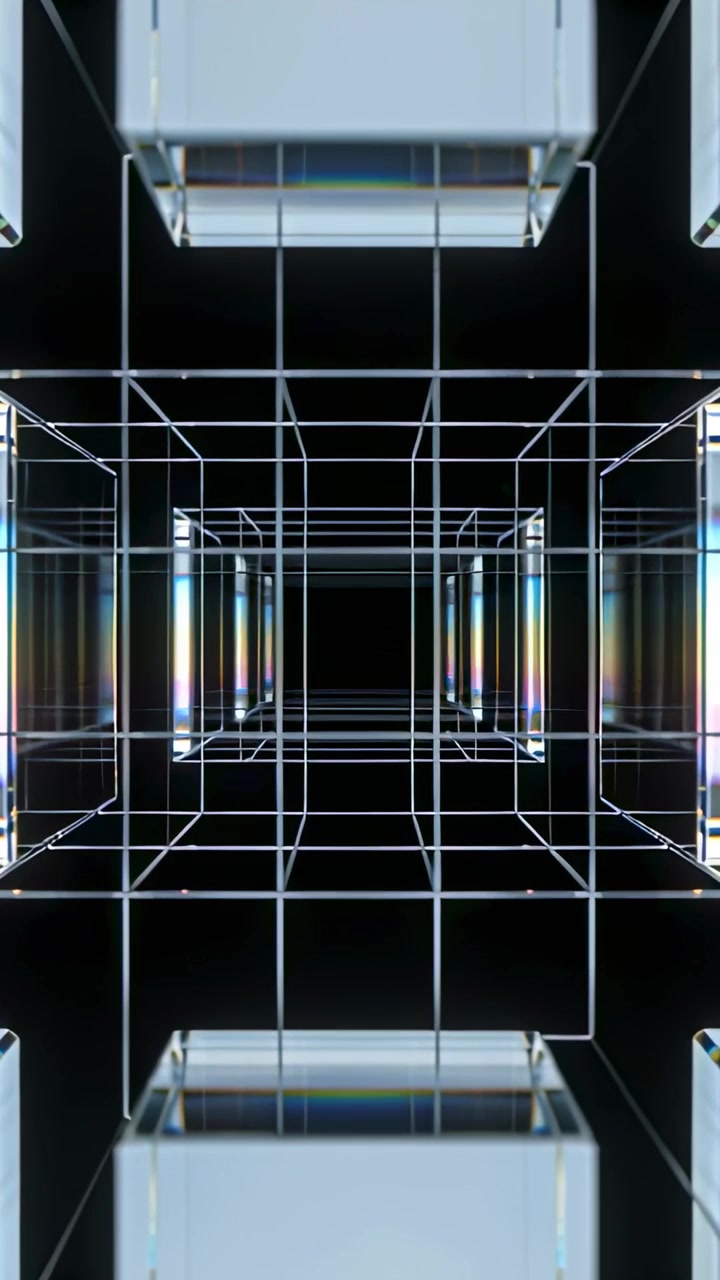 Video vertical: Cámara moviéndose a través de un túnel de cubos wireframe en un estudio CGI, mostrando paneles prismáticos.