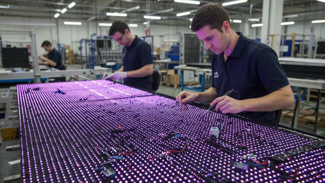 Skilled Technicians Assembling LED Displays in a Modern Production Facility, Showcasing Precision and Attention to Detail in Electronic Manufacturing Processes