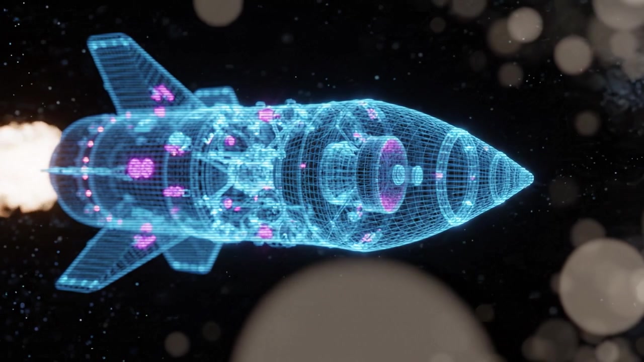 Futuristic rocket in a holographic display, showcasing advanced technology with a stunning glow against a dark cosmic backdrop, emphasizing space exploration themes.