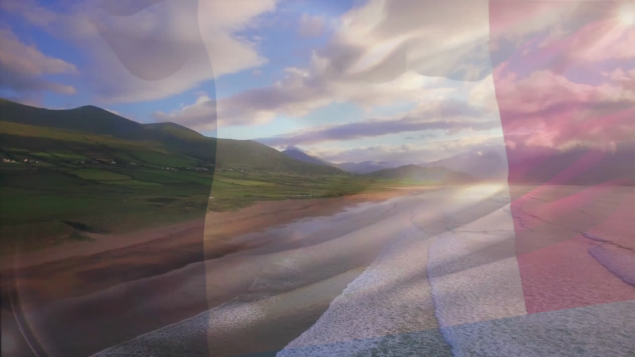 animación de la bandera de francia soplando sobre el paisaje de la playa