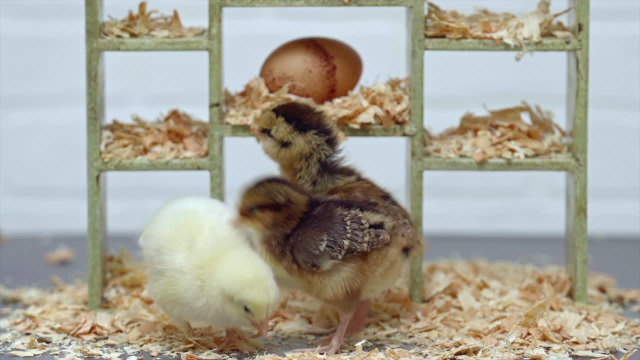 de cerca, los pollitos picotean para comer entre virutas de madera en un conjunto pequeño