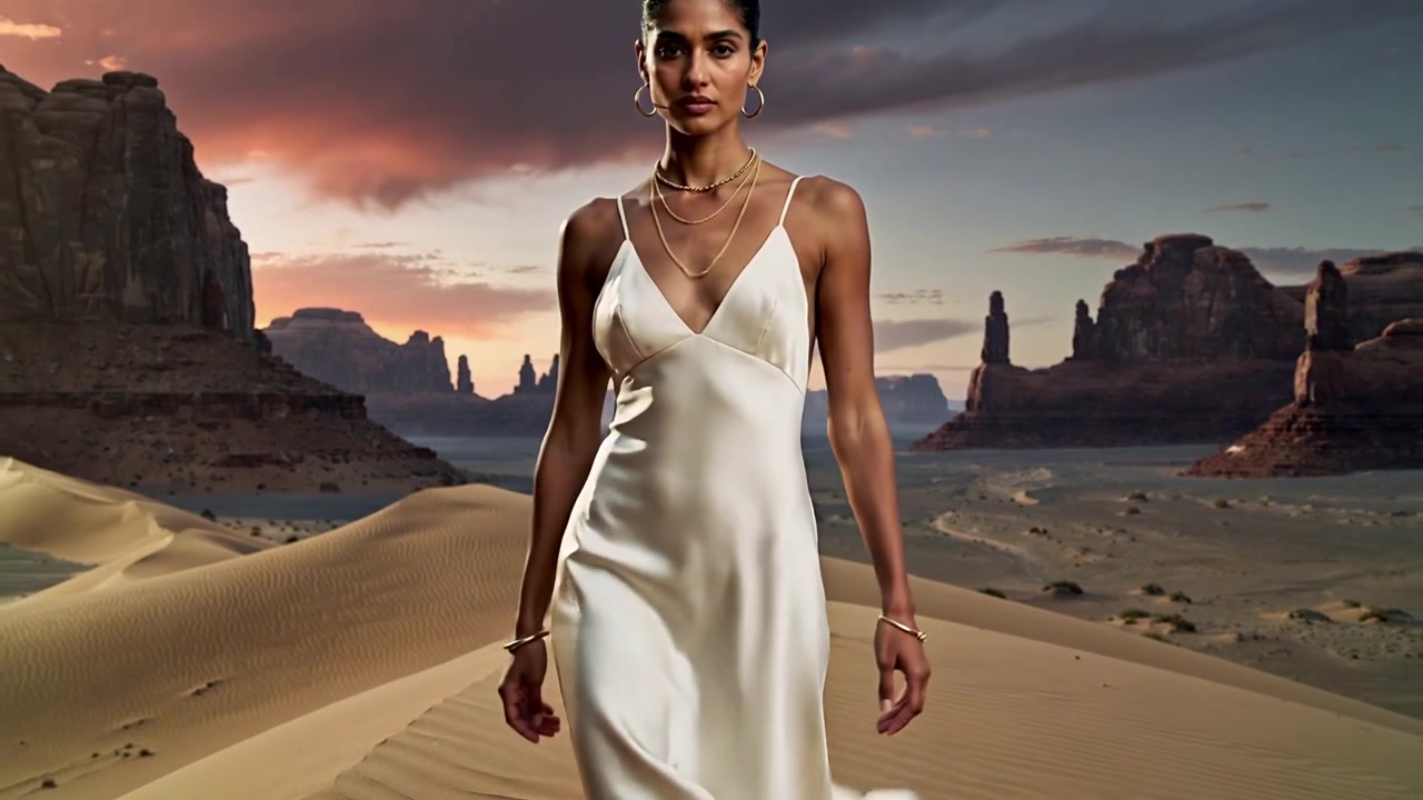 Telecamera in ascesa che mostra una modella che cammina a piedi nudi su una duna al tramonto, tracce, con un abito sottoveste per una pubblicità di moda.