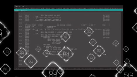 pantalla de terminal con comandos sql, animación de red 5g y 6g sobre ella