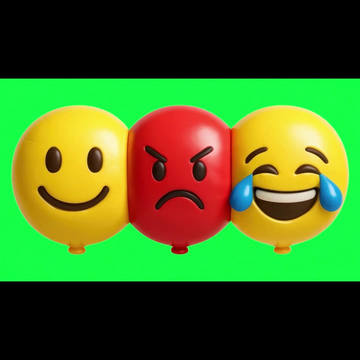Tři emoji balónky zobrazující šťastné, naštvané a smějící se obličeje na zeleném pozadí