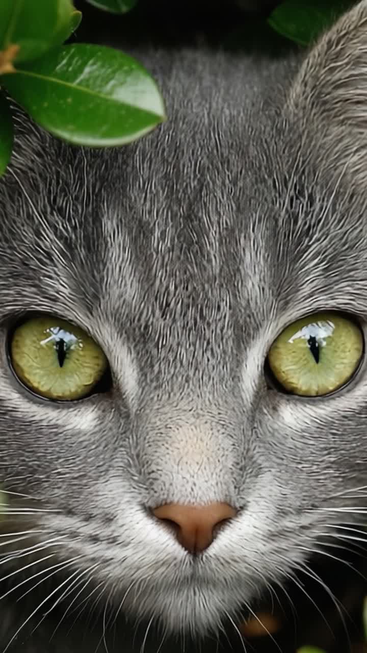 Un bellissimo gatto grigio con sorprendenti occhi verdi che sbircia attraverso una vegetazione lussureggiante, catturato in due fotogrammi che evidenziano il suo sguardo intenso e le sue espressioni accattivanti