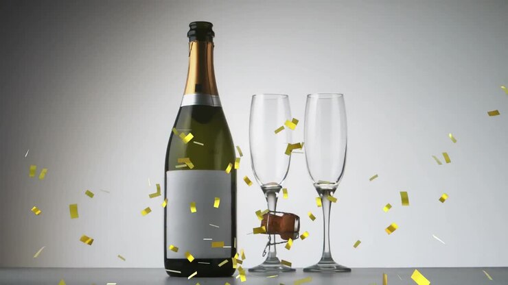 Animation of gold confetti falling over glasses of champagne
