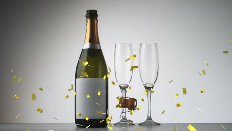 Animation-Von-Goldenem-Konfetti,-Das-über-Champagnergläser-Fällt