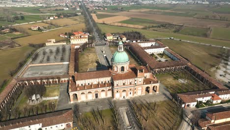 santuario di caravaggio in lombardy, italy, drone footage flying upwards and tilting downwards, capturing the beauty of the region