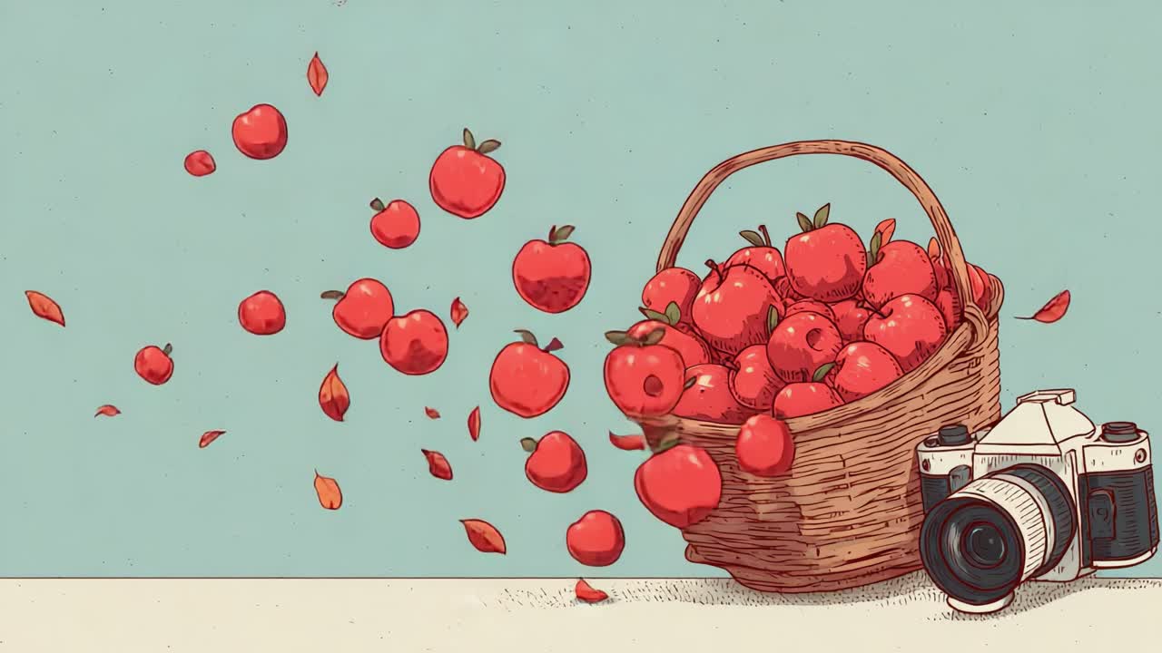 Una scena fantasiosa di mele rosse e una macchina fotografica vintage: Catturare la generosità della natura con una nuova prospettiva sulla fotografia classica
