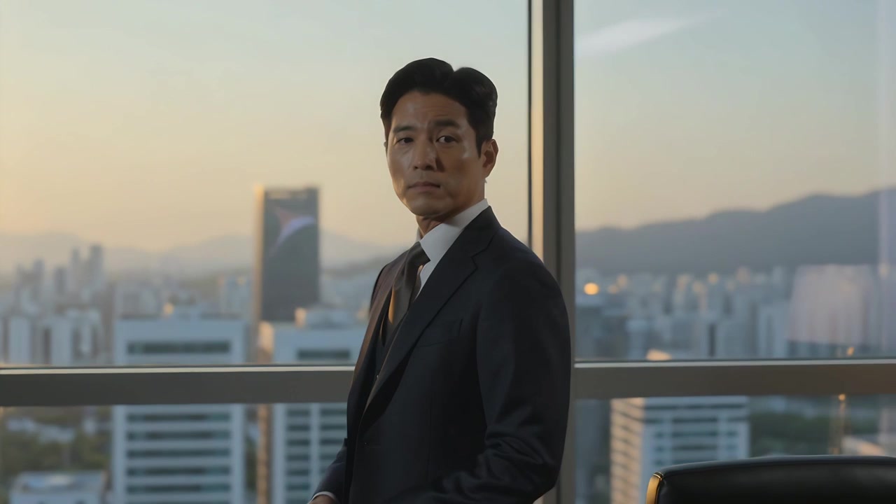 一名身穿深色商务西装的男子，在办公室窗前转身面向镜头，沐浴在夕阳中，背景是城市天际线。
