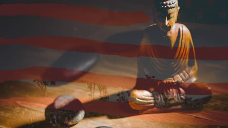 animación de la figura de buda moviéndose sobre la bandera estadounidense