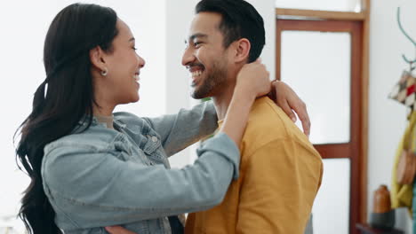 Couple,-forehead-touch-and-hug-in-living-room