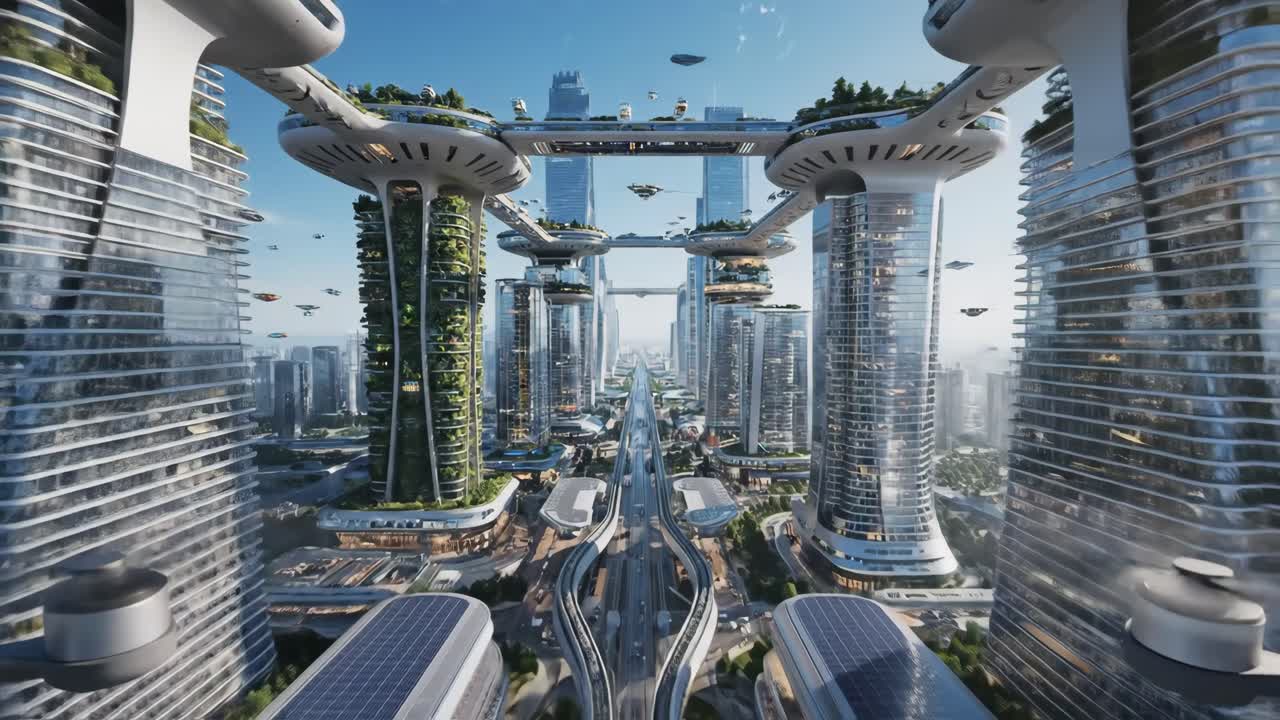 Futuristic City with Sustainable Architecture and Advanced Transportation