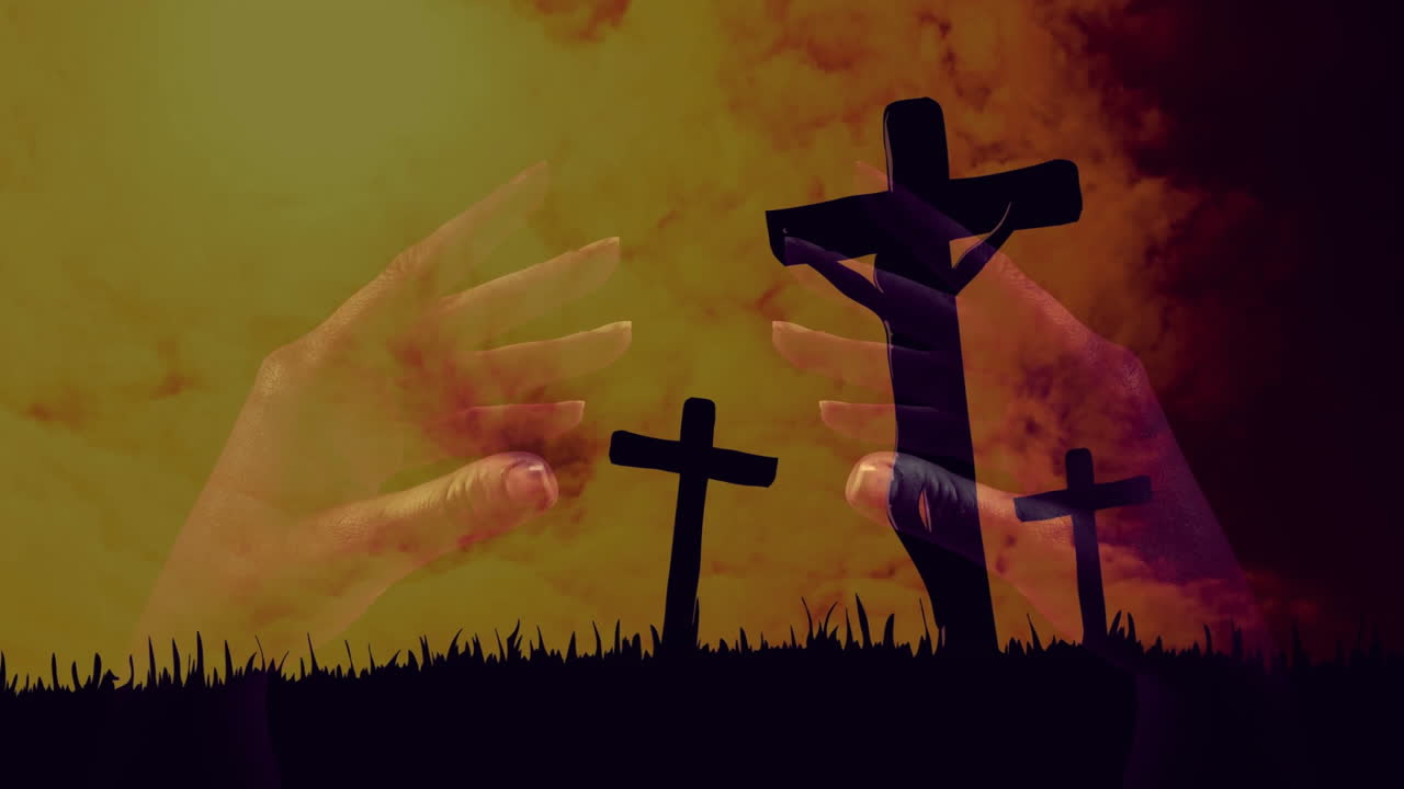 Three crosses being silhouetted on grassy hill, sky being painted fiery orange, hands being raised