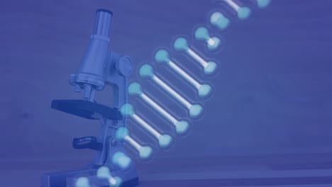 Animation-of-dna-strand-spinning-over-microscope-on-blue