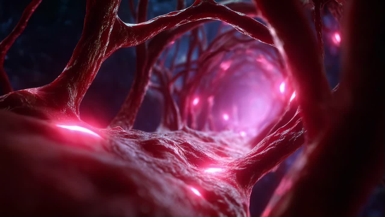 Nærstudie af et bioluminescerende blodkar, oplyst af levende lys, der fanger den indviklede struktur og strømning i naturen