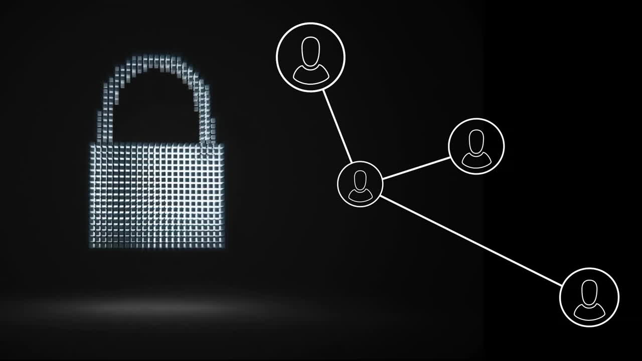 animación de la red de conexiones con personas iconos y procesamiento de datos a través de candado