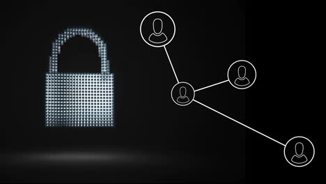 animation of network of connections with people icons and data processing over padlock