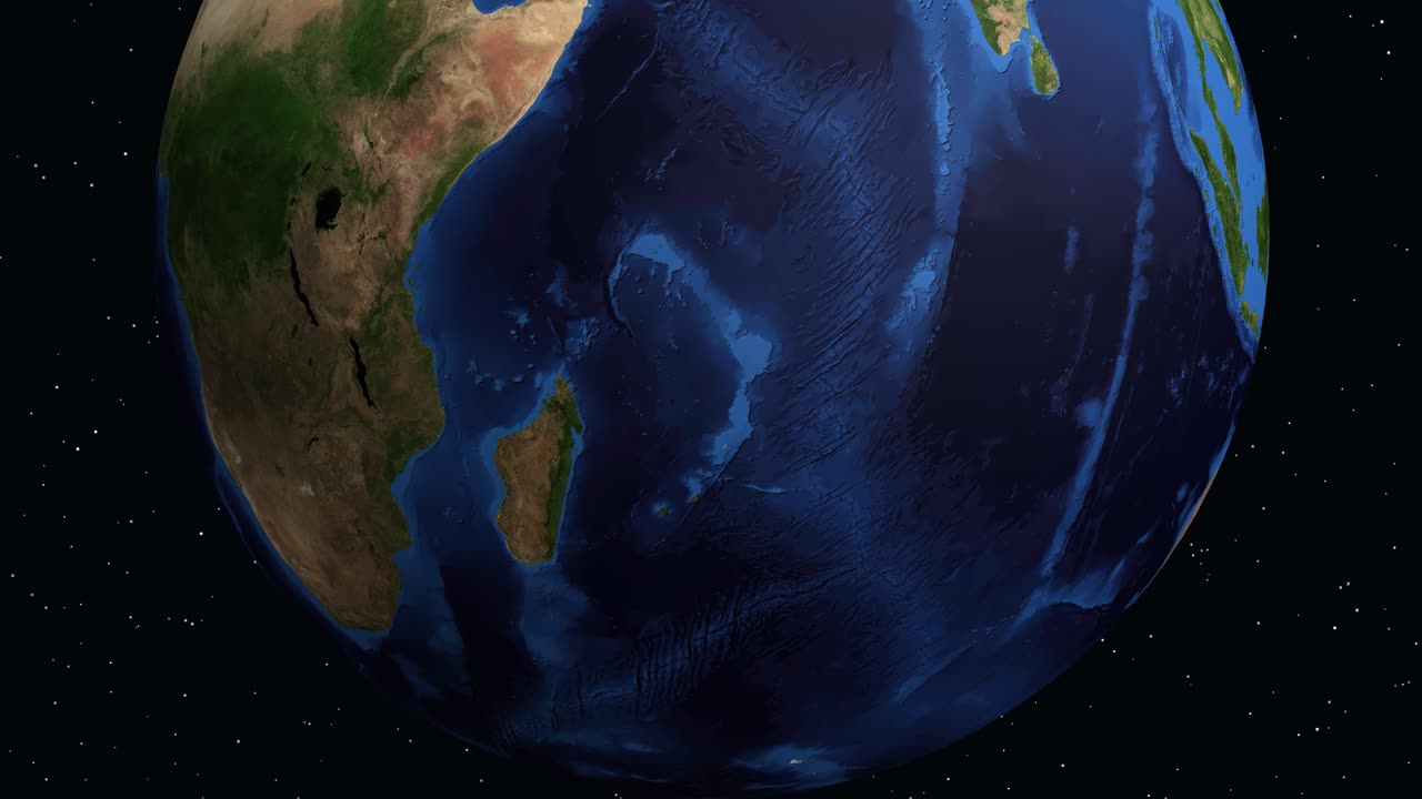 Digital globe rotates and zooms into Quelimane Mozambique with data overlay and location pin