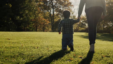 Mom-leads-the-baby-by-the-hand,-walking-next-to-the-green-grass-in-the-rays-of-the-setting-sun.-Follow-shot