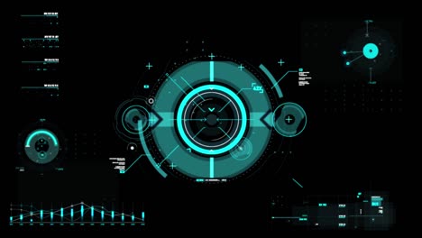 target pointer and futuristic user interface hud gui digital text number element for cyber technology concept with shallow depth of field dark and grain processed