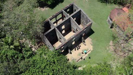 overhead shot over the house in the ruins of the engombe sugar mill, discovering everything that was left behind