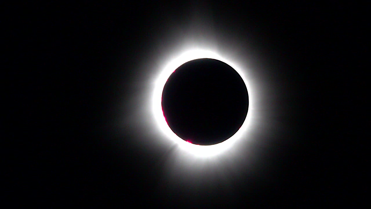 fase total de eclipse solar total con prominencias rojas brillantes y corona en flujo