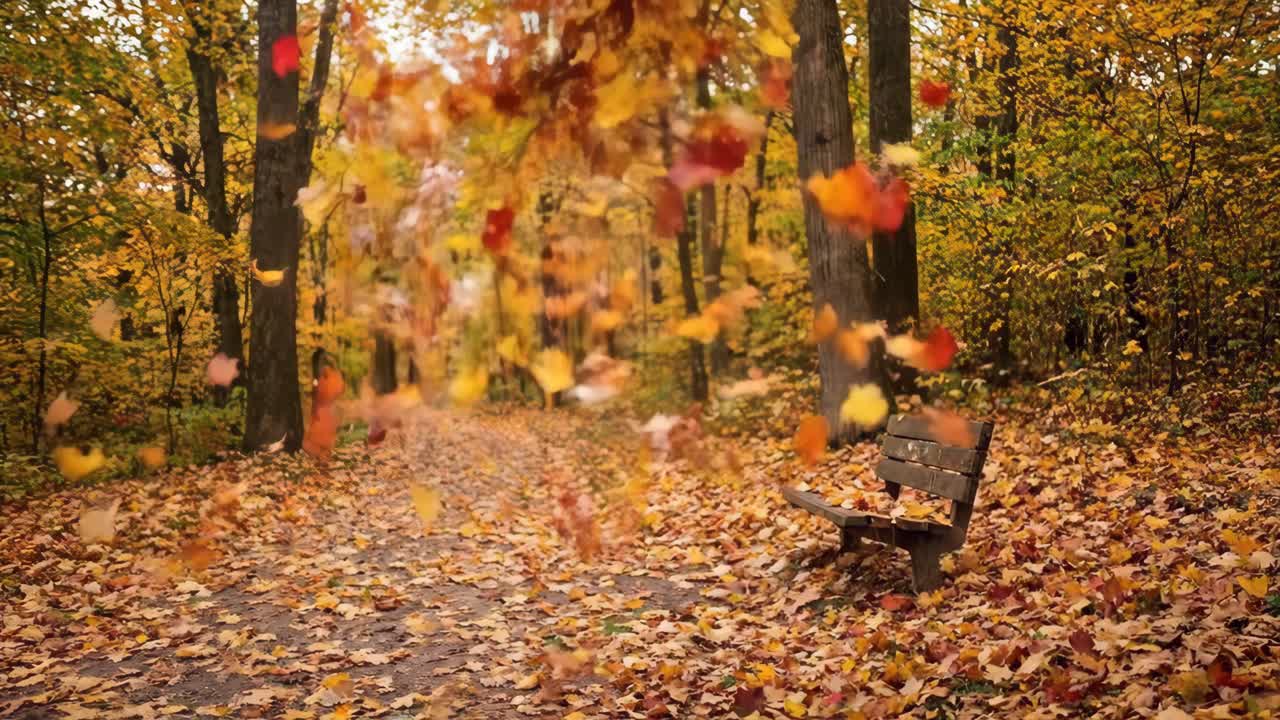 Herbstlicher Waldweg mit fallenden Blättern und Holzbank