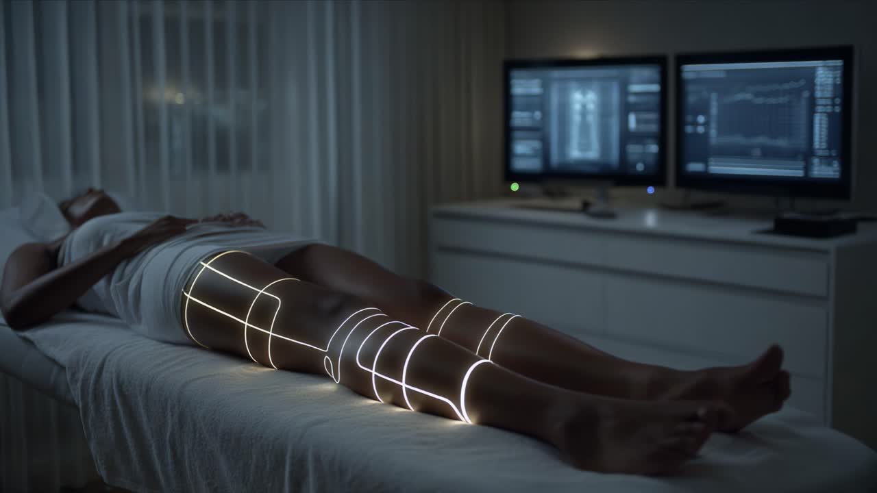 A Patient Undergoing Modern Medical Examination with Innovative Technology Highlighting the Legs in a Dimly Lit Room, Monitors Displaying Health Data and Readings