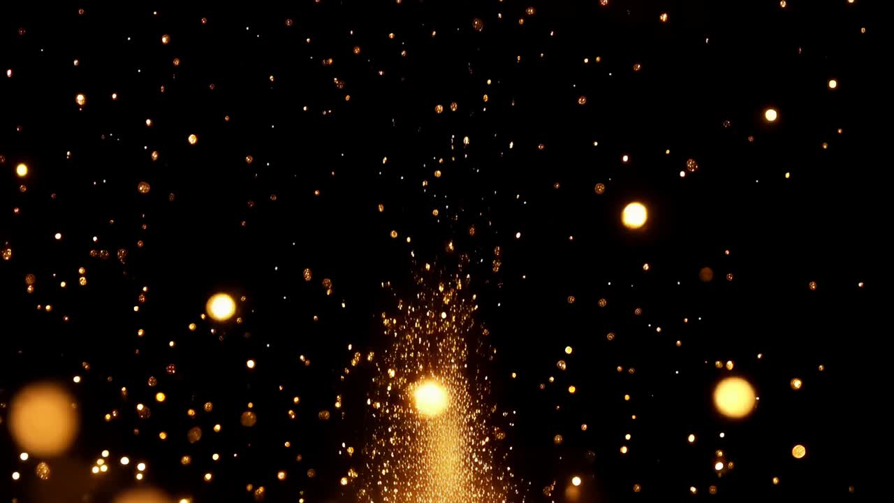 Sparking core driving rising golden particle plume dispersing at black backdrop, with bokeh orbs