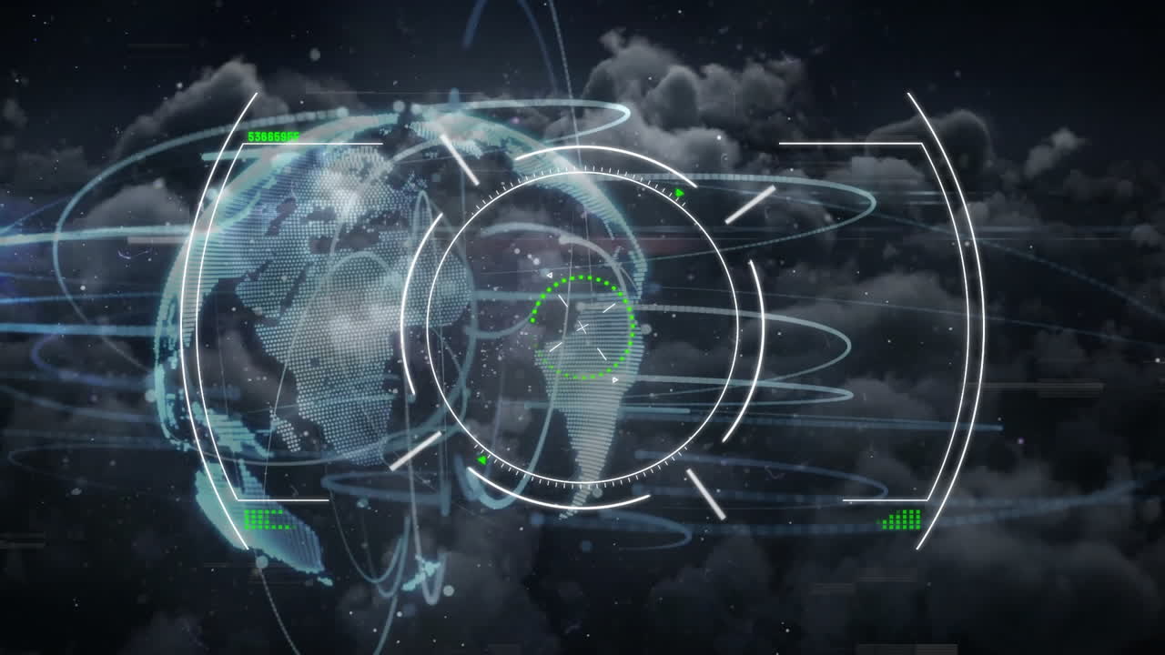Digital globe with data processing animation over cloudy night sky background