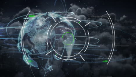 digital globe with data processing animation over cloudy night sky background