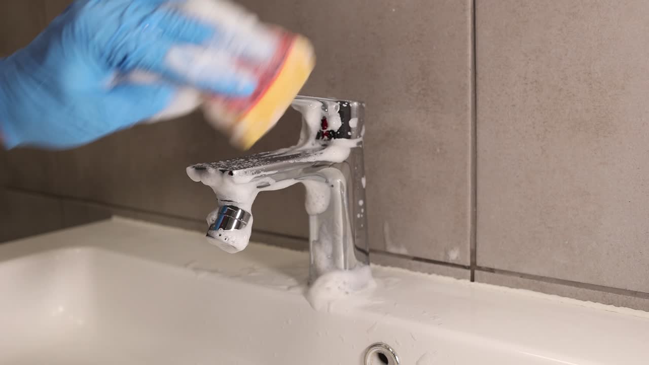 Rengøringsfirmaet rengør badeværelset ved hjælp af professionelle produkter til fjernelse af snavs og belægninger fra sanitet