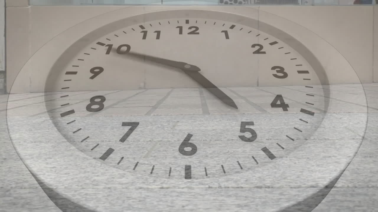 Animation of clock with fast moving hands over fast speed feet of pedestrians in busy street