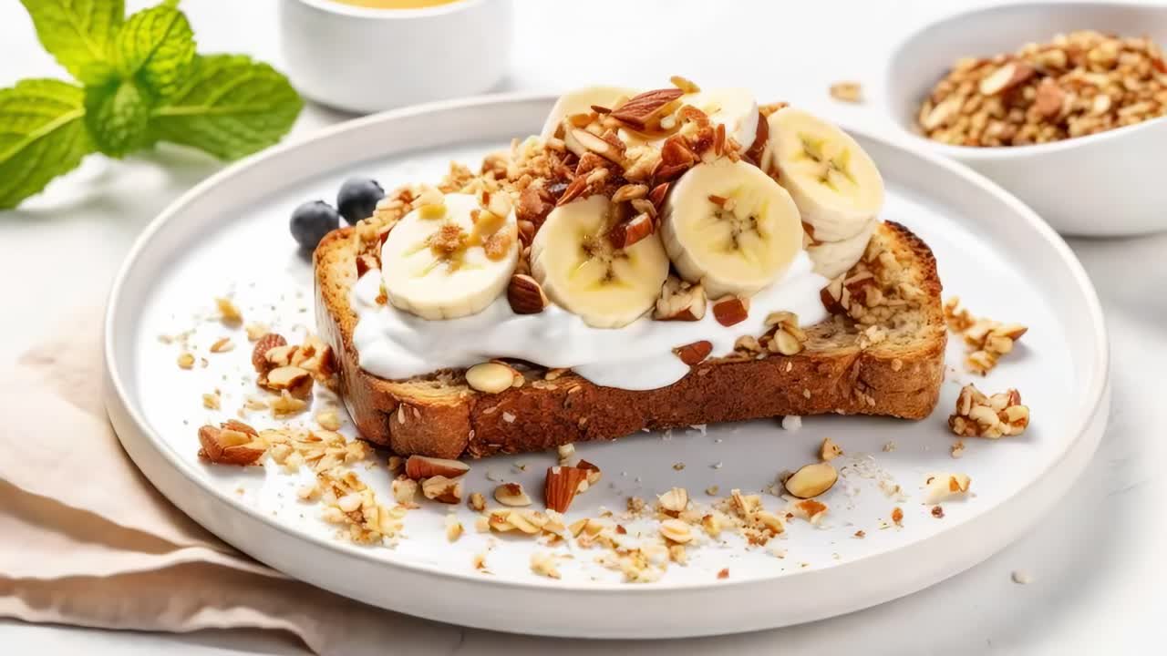 Close-up of a gourmet toast topped with bananas, nuts, and yogurt, styled for a cooking video