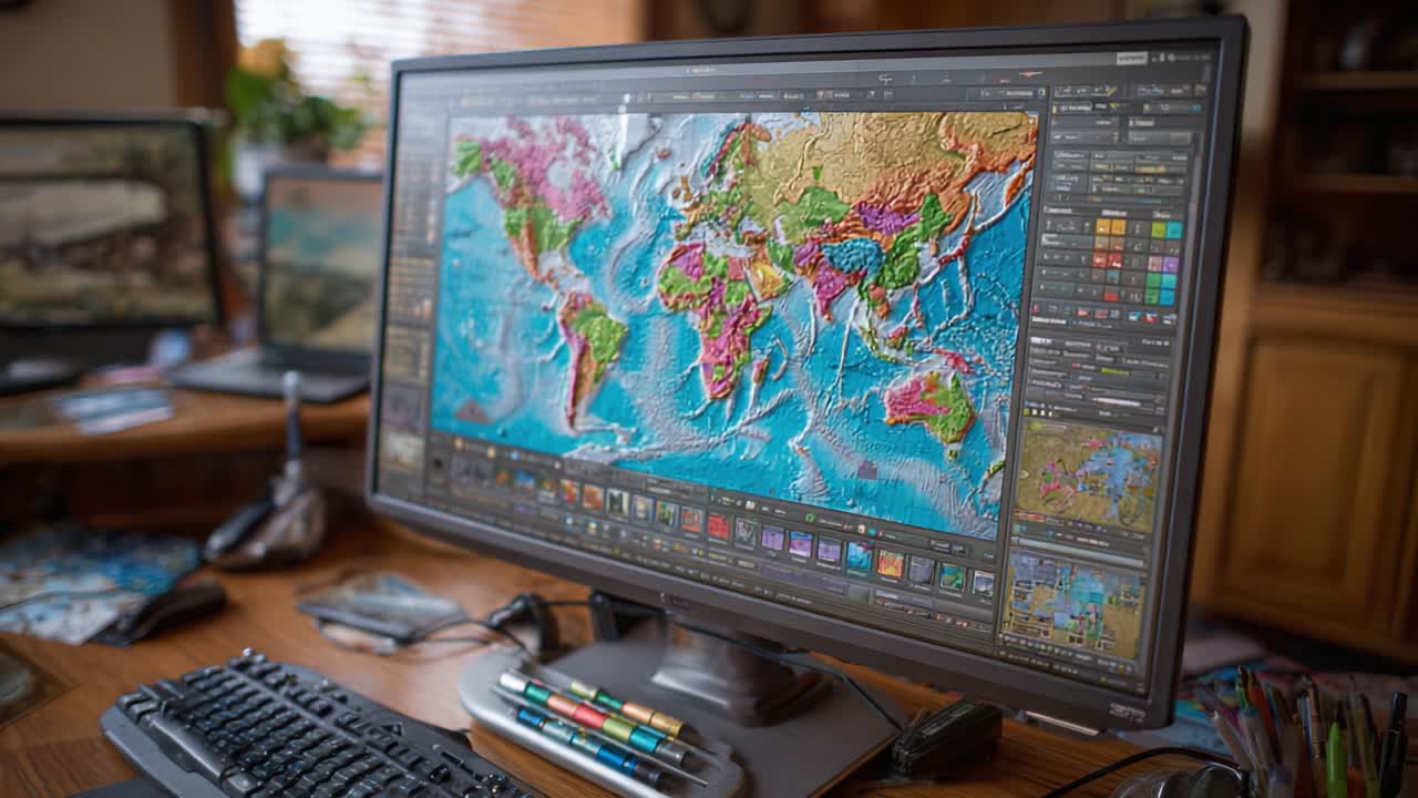 A Detailed View of an Interactive World Map Displayed on a Computer Monitor, Showcasing Colorful Topography and Geographic Features in a Cozy Workspace Setting
