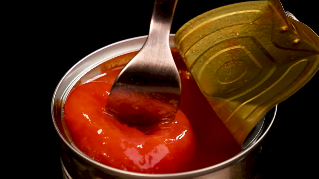 A metal fork lifts a whole peeled tomato from an opened tin can under dramatic studio lighting, highlighting texture and vibrant color against a black background