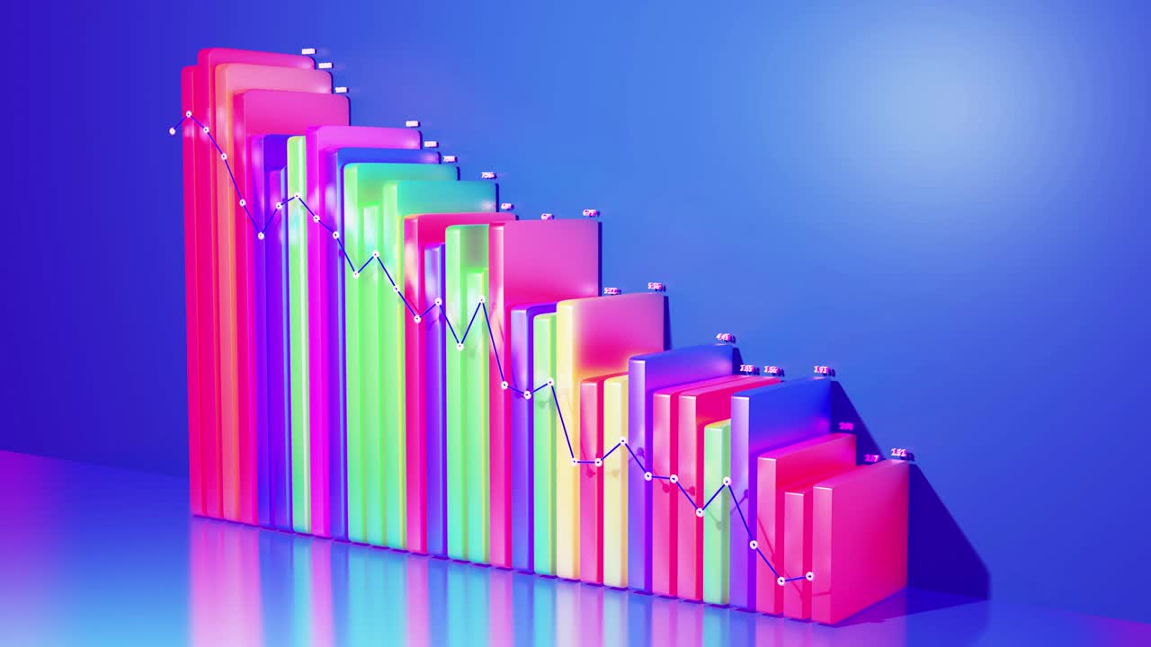infografías en bucle abstractos de fondo con barras 3d multicolores en azul, por ejemplo. gráfico de degradación de columnas. fondo económico con espacio de copia en 4k. barras 3d como gráfico de datos estadísticos.