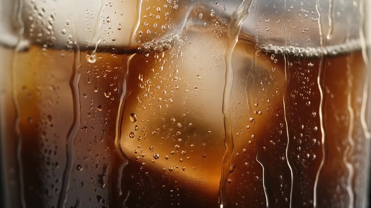 Primo piano di caffè freddo ghiacciato in un bicchiere con condensa