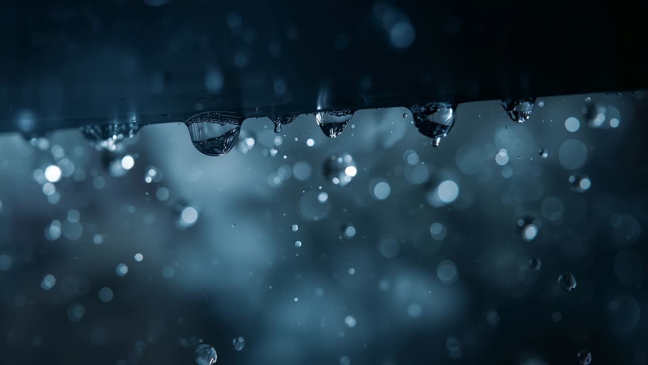 Collecting rain, growing, dropping water droplets on metal gutter edge at night with light bokeh