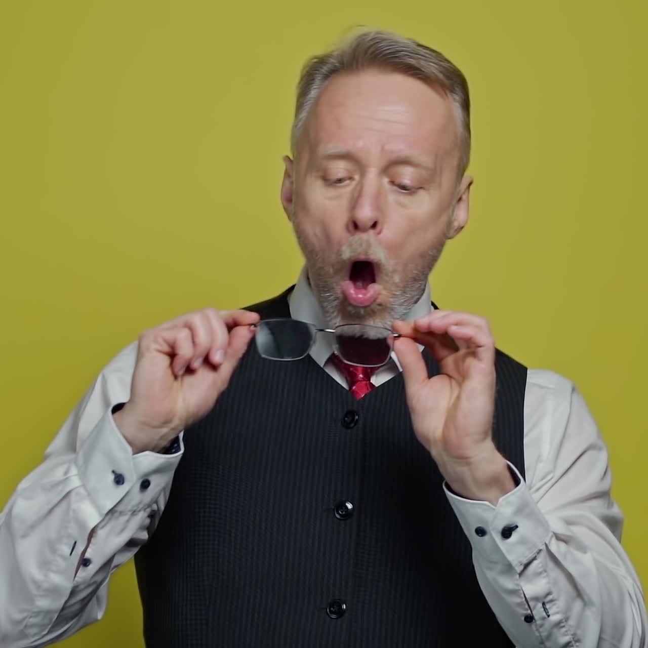Senior man in elegant clothing holds glasses. Elderly man with grey beard wipes his glasses on the yellow background.