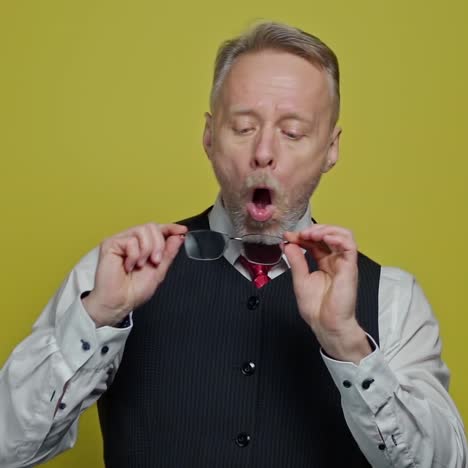 senior man in elegant clothing holds glasses. elderly man with grey beard wipes his glasses on the yellow background.