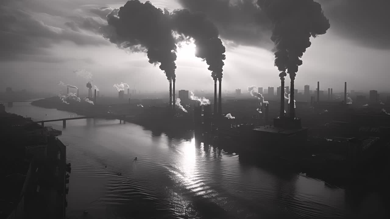 Industrial Pollution and River Landscape with Smokestacks